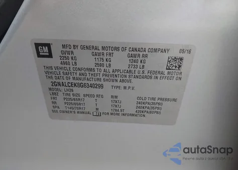 2016 Chevrolet Equinox Lt z USA, uszkodzony, nr VIN 2GNALCEK8G6340299